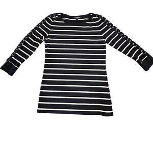 Lauren Ralph Lauren Navy Blue/White Striped 3/4 Lace Up Sleeve Boat Neck Size M